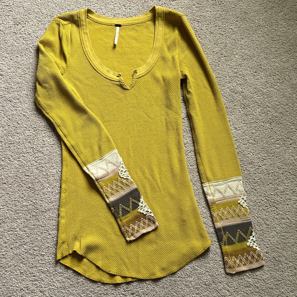 Free People Mustard Long Sleeve Top with Patterned Cuffs